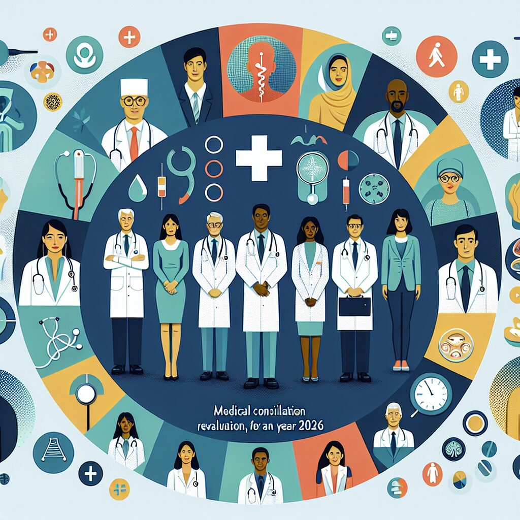 Illustration montrant des médecins de différentes spécialités travaillant ensemble, accompagnés d'éléments graphiques représentant les chiffres de la revalorisation des consultations médicales en France pour l'année 2026. Inclure des symboles de santé et de soins médicaux.