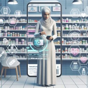 Une illustration moderne montrant une personne utilisant un smartphone pour scanner sa carte Vitale numérique en pharmacie, avec des éléments visuels évoquant la santé et la technologie numérique.