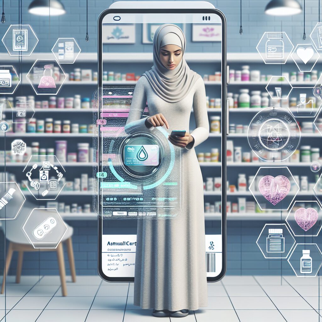 Une illustration moderne montrant une personne utilisant un smartphone pour scanner sa carte Vitale numérique en pharmacie, avec des éléments visuels évoquant la santé et la technologie numérique.