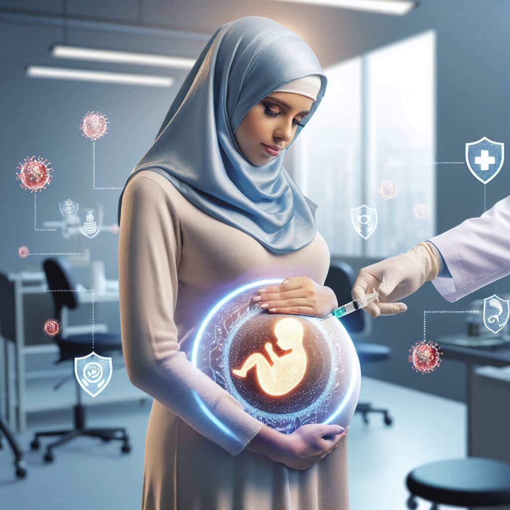 Illustration depicting a pregnant woman receiving a vaccine shot, with a protective aura around a fetus symbolizing immunity against respiratory viruses, set in a medical environment.
