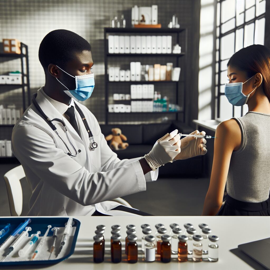 A doctor administering a flu vaccine to a patient in a modern medical clinic, showcasing medical vials, syringes, and a healthcare professional in a white coat wearing a mask. The atmosphere reflects a preventive healthcare setting, with emphasis on safety and well-being.