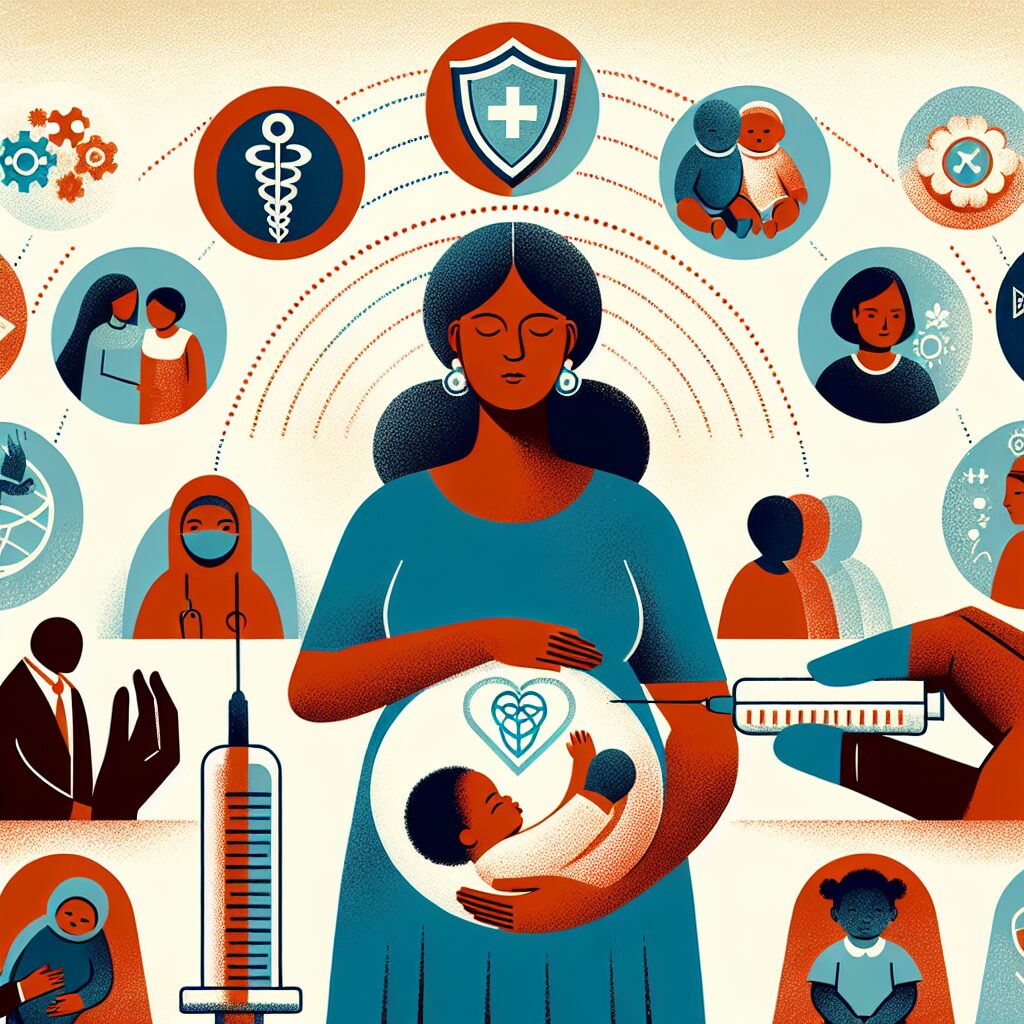 Une illustration montrant une femme enceinte se faisant vacciner, entourée de symboles de sécurité médicale et de protection pour le nourrisson. En arrière-plan, des images de nourrissons en bonne santé.