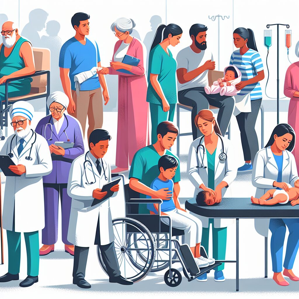 Illustration showing a diverse group of patients of different ages receiving medical care and consultations in various healthcare settings, symbolizing improved access and support in health services. Background should depict a modern healthcare environment with doctors and medical equipment.