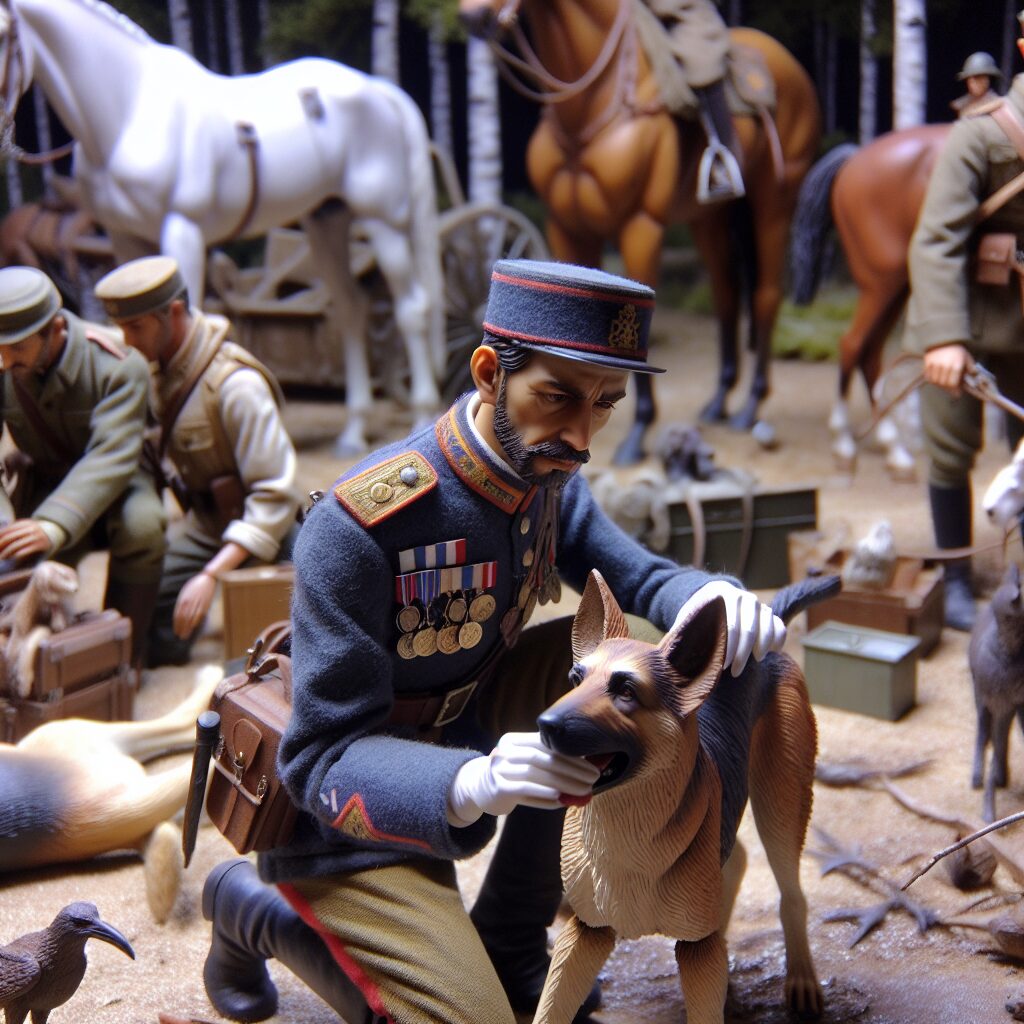 Image d'un vétérinaire militaire français en uniforme soignant un chien de l'armée, entouré d'équipements militaires et d'animaux variés tels que des chevaux et des rapaces, dans un décor de caserne ou de terrain d'entraînement.
