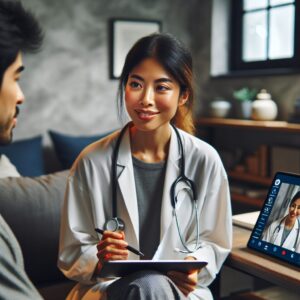 A doctor conducting a secure video consultation with a patient in a cozy home setting, featuring digital interfaces and a calming, modern aesthetic.