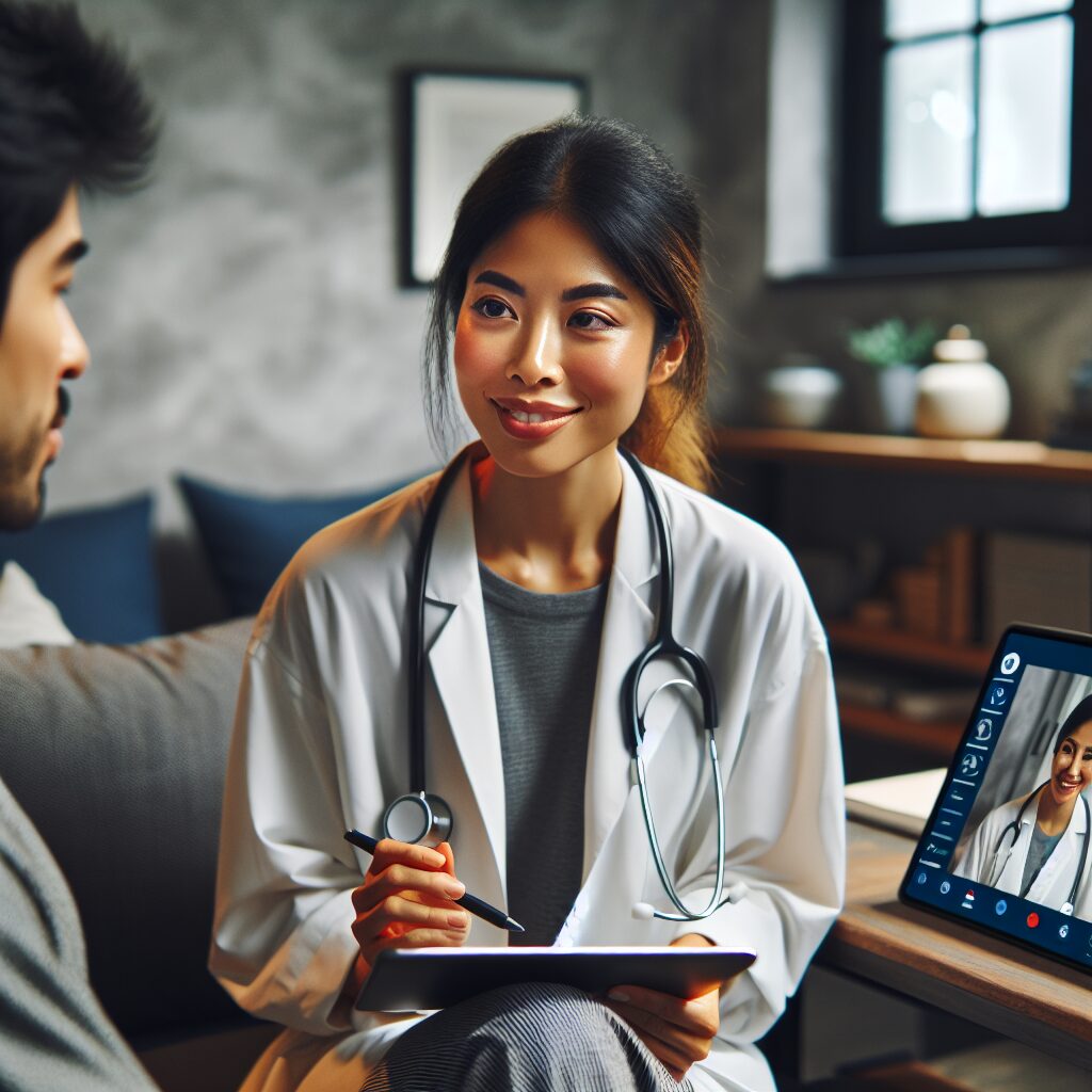 A doctor conducting a secure video consultation with a patient in a cozy home setting, featuring digital interfaces and a calming, modern aesthetic.