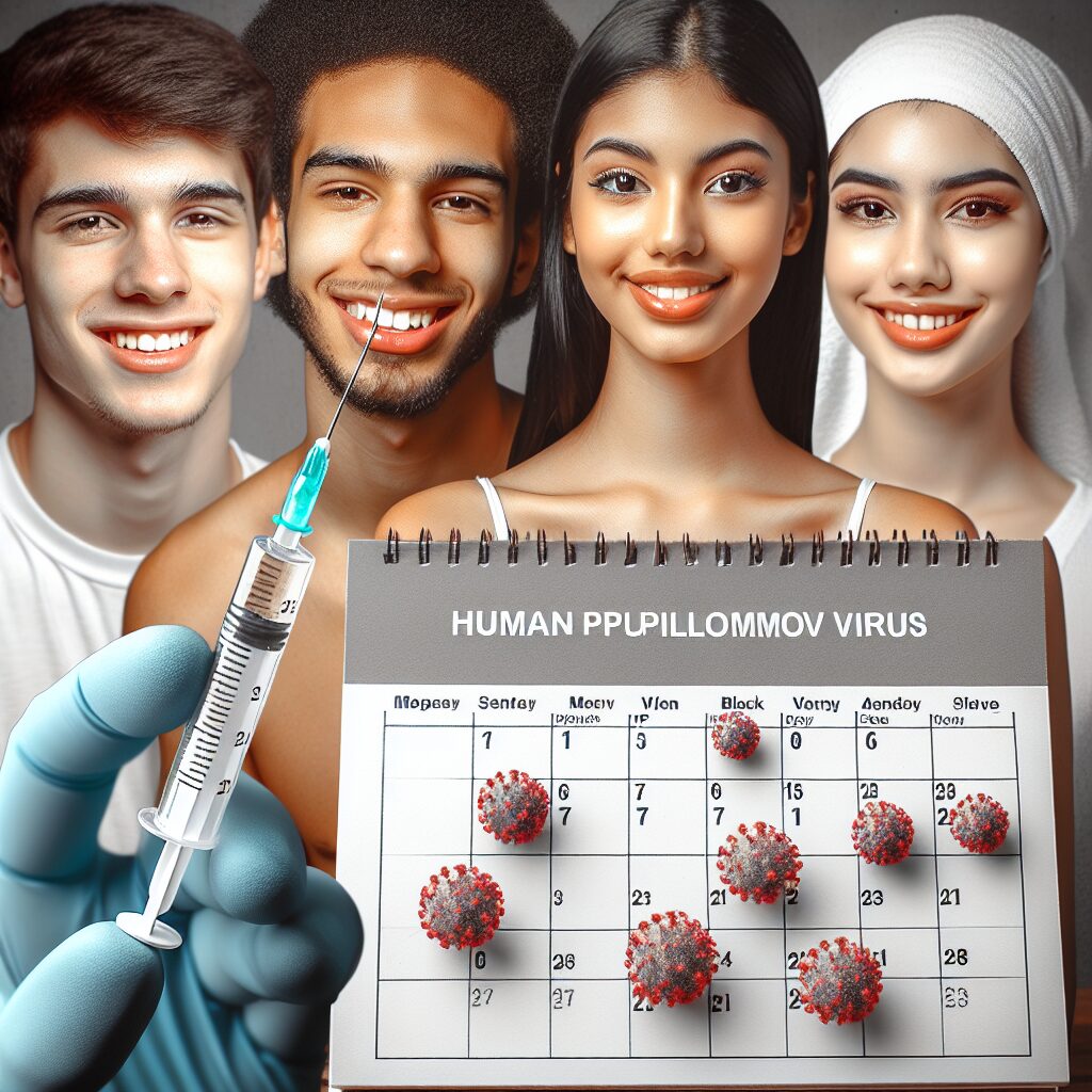Image d'une seringue à côté d'un calendrier marqué des mois importants pour les vaccinations contre le HPV, avec en arrière-plan des jeunes adultes souriants, symbolisant la prévention des infections à papillomavirus humains.