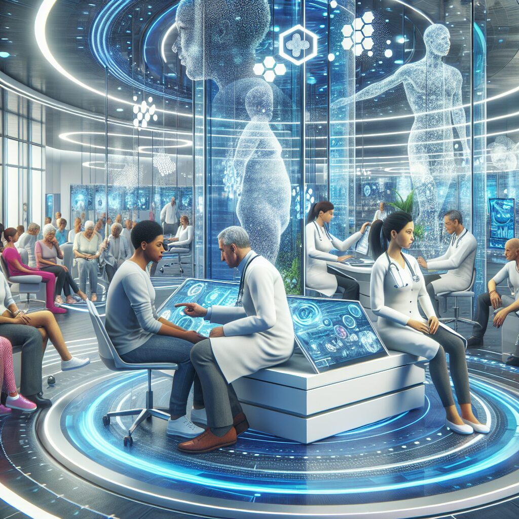 A futuristic healthcare setting depicting a diverse group of patients receiving medical consultations. The scene is bright and modern, with a focus on digital health technology. Medical professionals interacting with patients of different ages in a dynamic and inclusive environment.