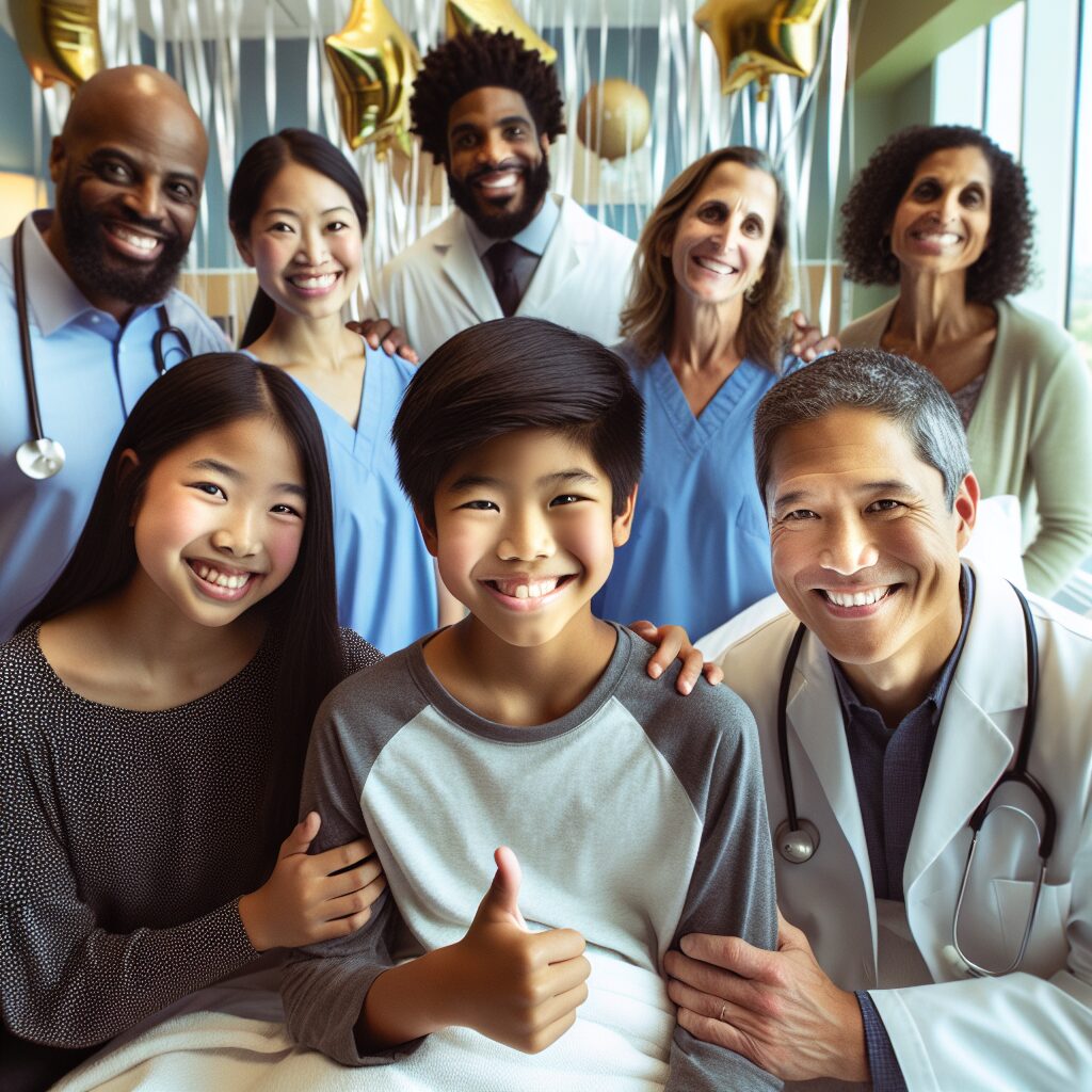 A hopeful image depicting a young boy smiling with his family, surrounded by supportive medical staff in a hospital room, symbolizing triumph over cancer.