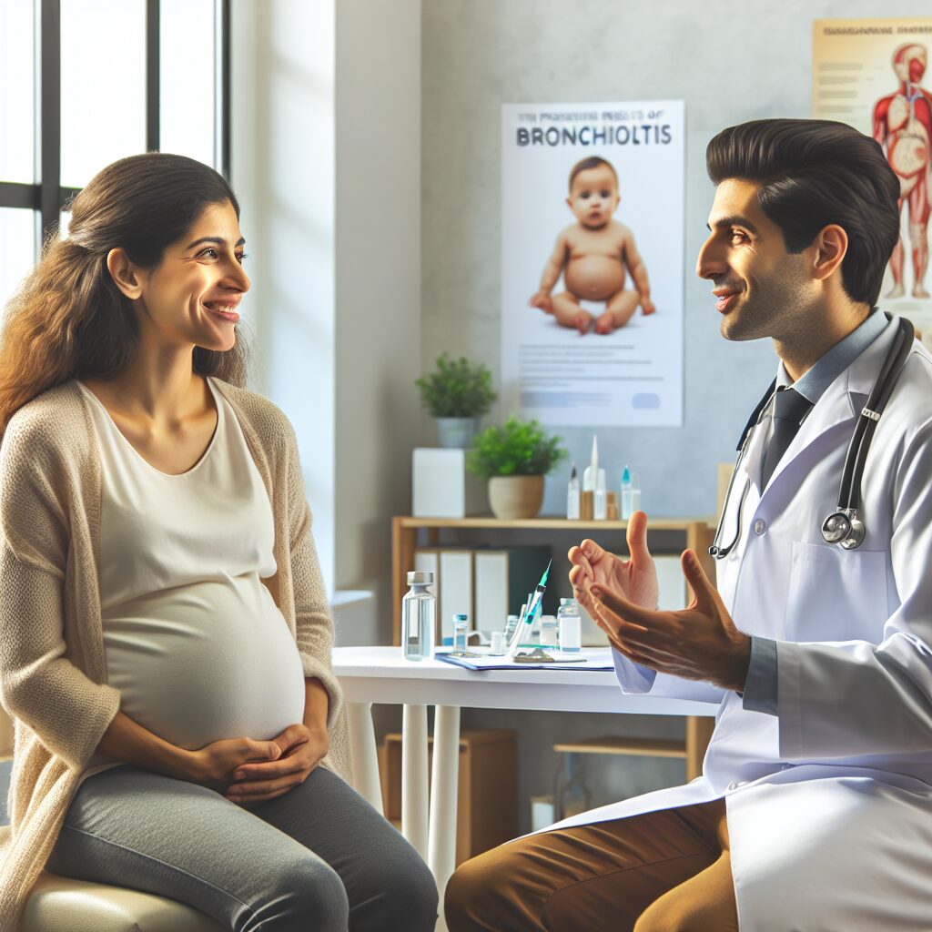 Une femme enceinte sereine assise dans un cabinet médical, tenant son ventre, avec un médecin discutant des résultats positifs du vaccin Abrysvo, fond de matériel médical et affiches sur la bronchiolite.