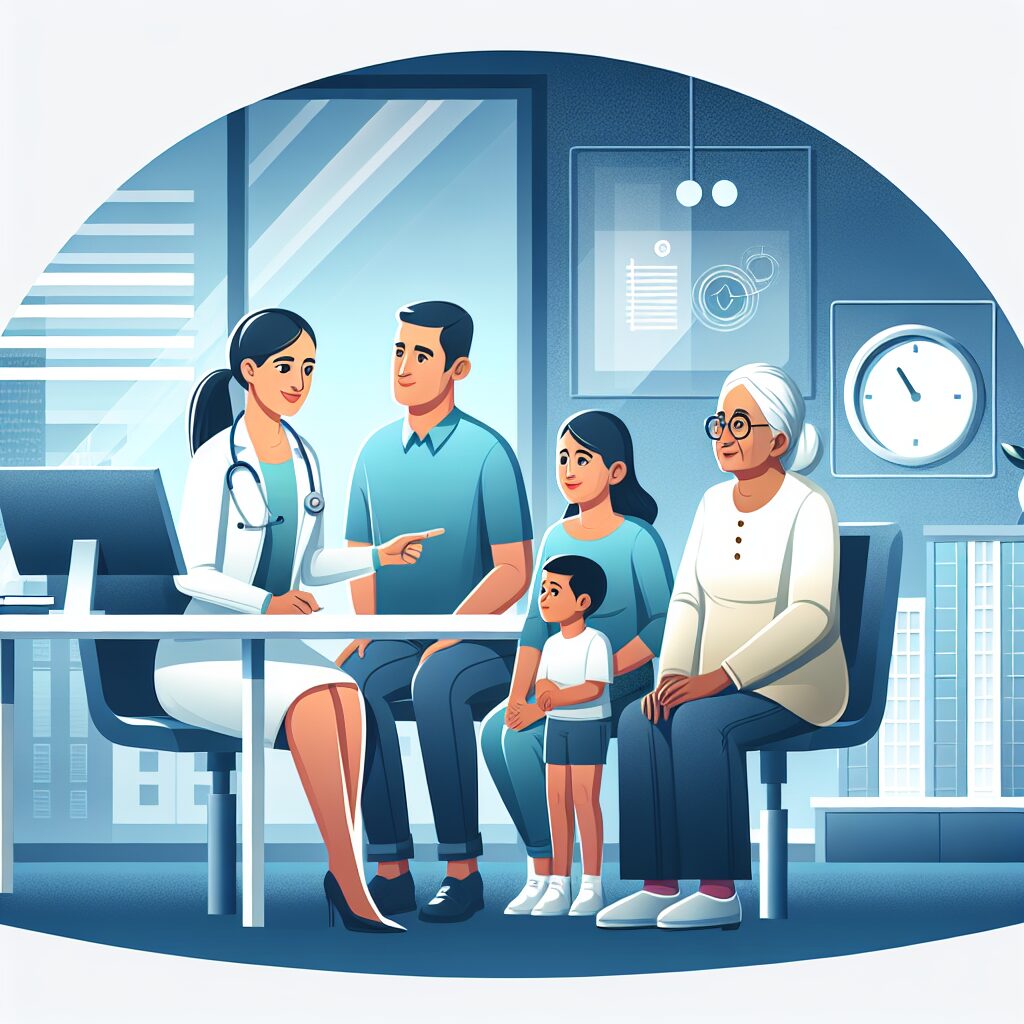 Illustration d'une société moderne avec un médecin en consultation avec une famille multigénérationnelle, un jeune enfant et une personne âgée, symbolisant l'évolution du système de santé en 2026.