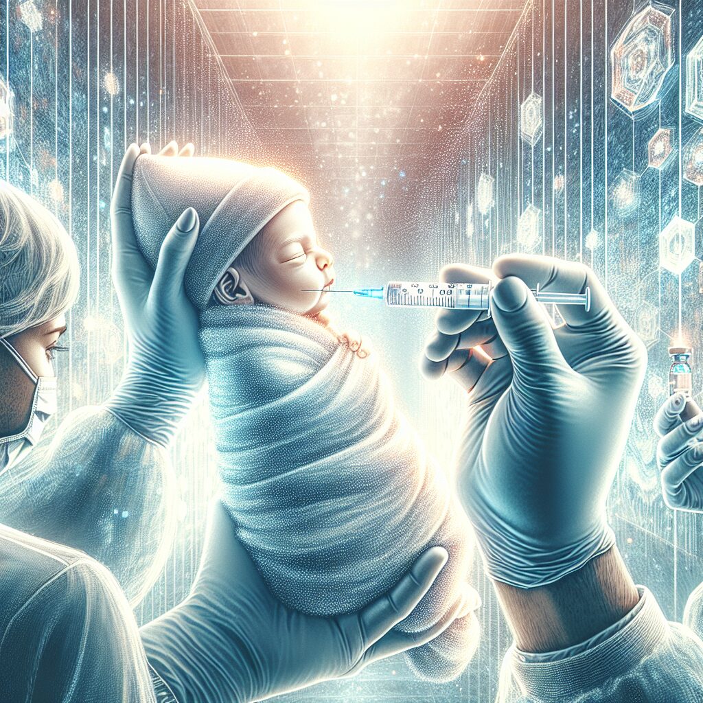 A detailed illustration of a newborn baby receiving a vaccine injection in a modern medical setting. The scene is bright and filled with healthcare professionals, showcasing a sense of safety and innovation. The focus is on the syringe labeled 'Beyfortus', with caring pediatricians and nurses ensuring the baby's comfort.