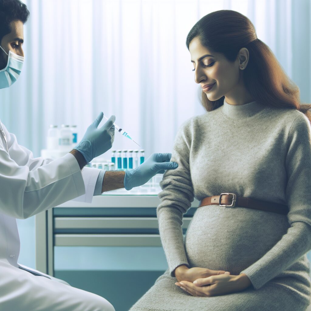 A pregnant woman receiving a vaccine injection in a healthcare setting. The atmosphere is calm and professional, highlighting maternal health and safety. The background displays medical equipment subtly, indicating a clinical environment. The woman appears reassured and confident in the vaccination process.