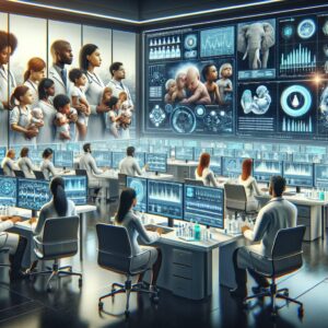 A scientific study scene depicting researchers analyzing data in a laboratory setting, with a focus on vaccine safety documentation and imagery of pregnant women and their infants.