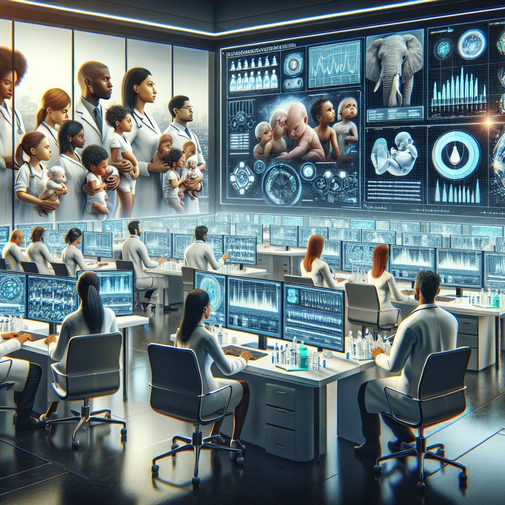 A scientific study scene depicting researchers analyzing data in a laboratory setting, with a focus on vaccine safety documentation and imagery of pregnant women and their infants.