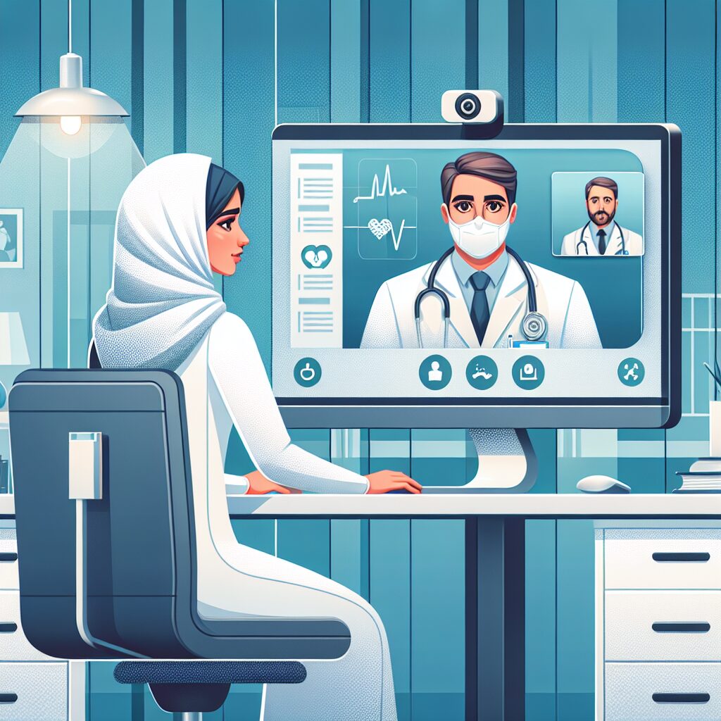 Illustration of a person in front of a computer screen during a video conference with a doctor, depicting the concept of remote medical consultation in a modern, professional setting.