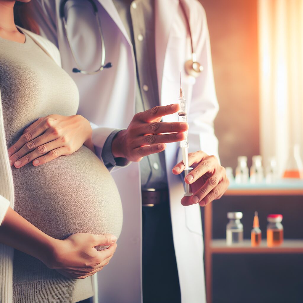 Femme enceinte se tenant le ventre, médecin tenant un vaccin, ambiance médicale sereine, arrière-plan de laboratoire, éclairage doux.
