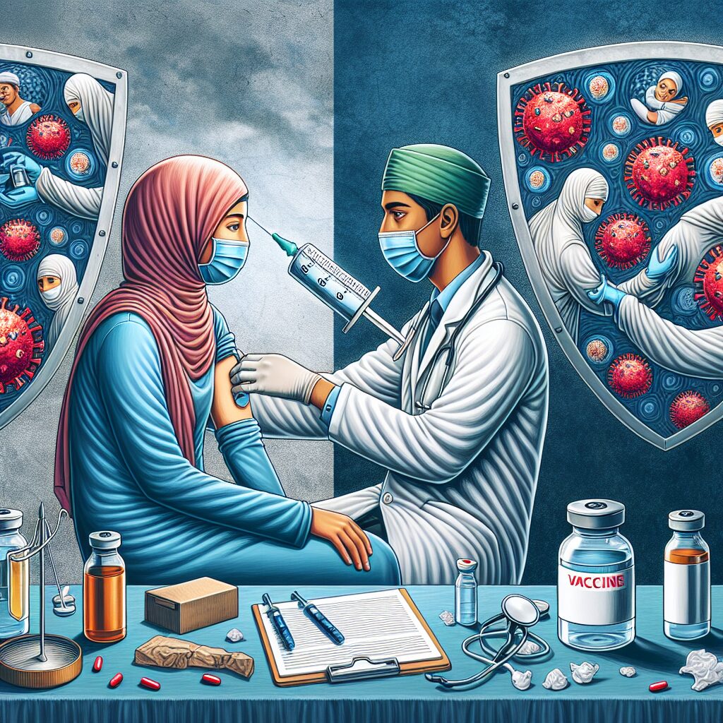 A protective medical shield symbolizing the importance of flu vaccination for chronically ill patients, showing a doctor administering a vaccine, with images of viruses being blocked, in a clinical setting, emphasizing safety and health.