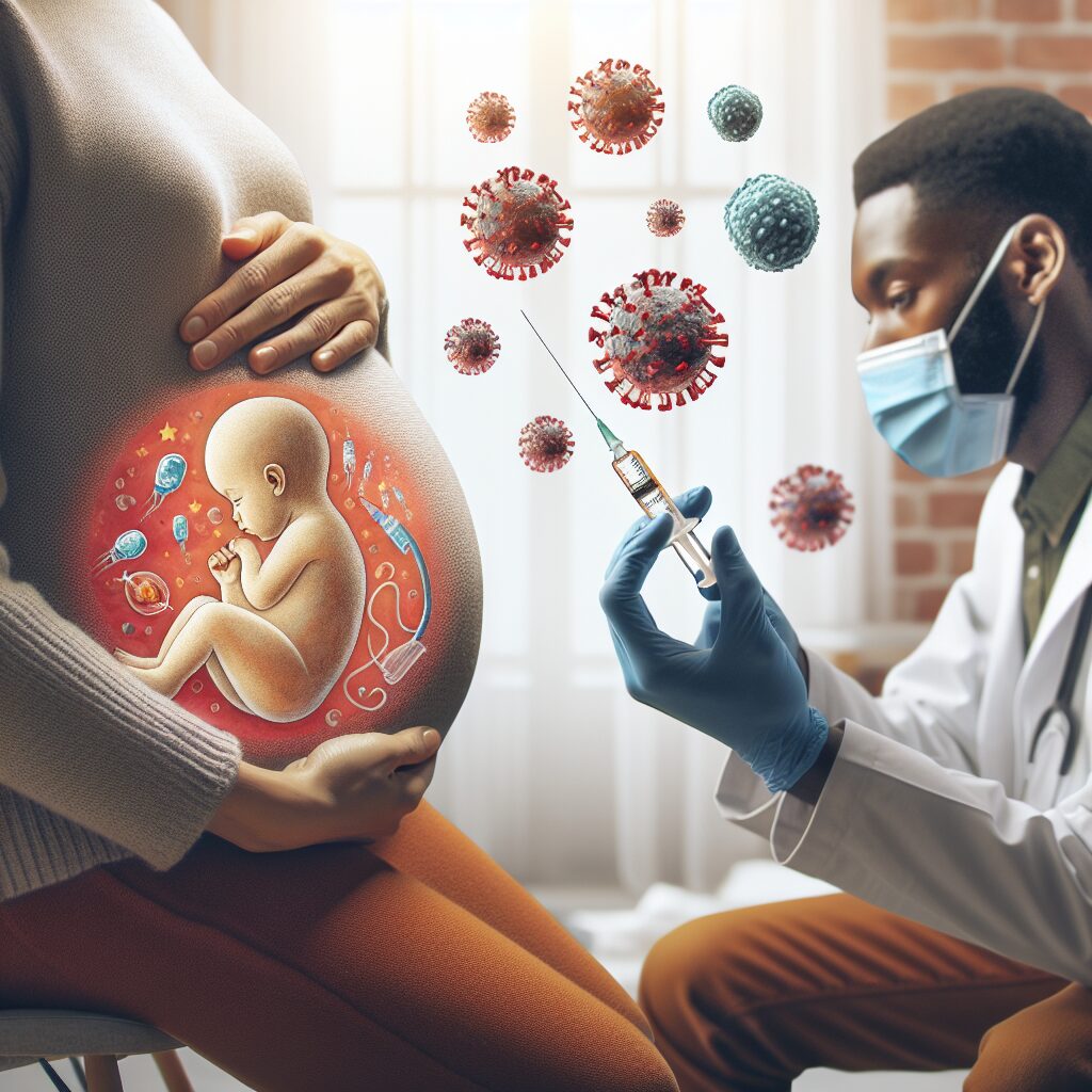 Une femme enceinte recevant une vaccination par un médecin, avec une illustration d'anticorps protégeant un bébé contre la bronchiolite, symbolisant la prévention et la sécurité.