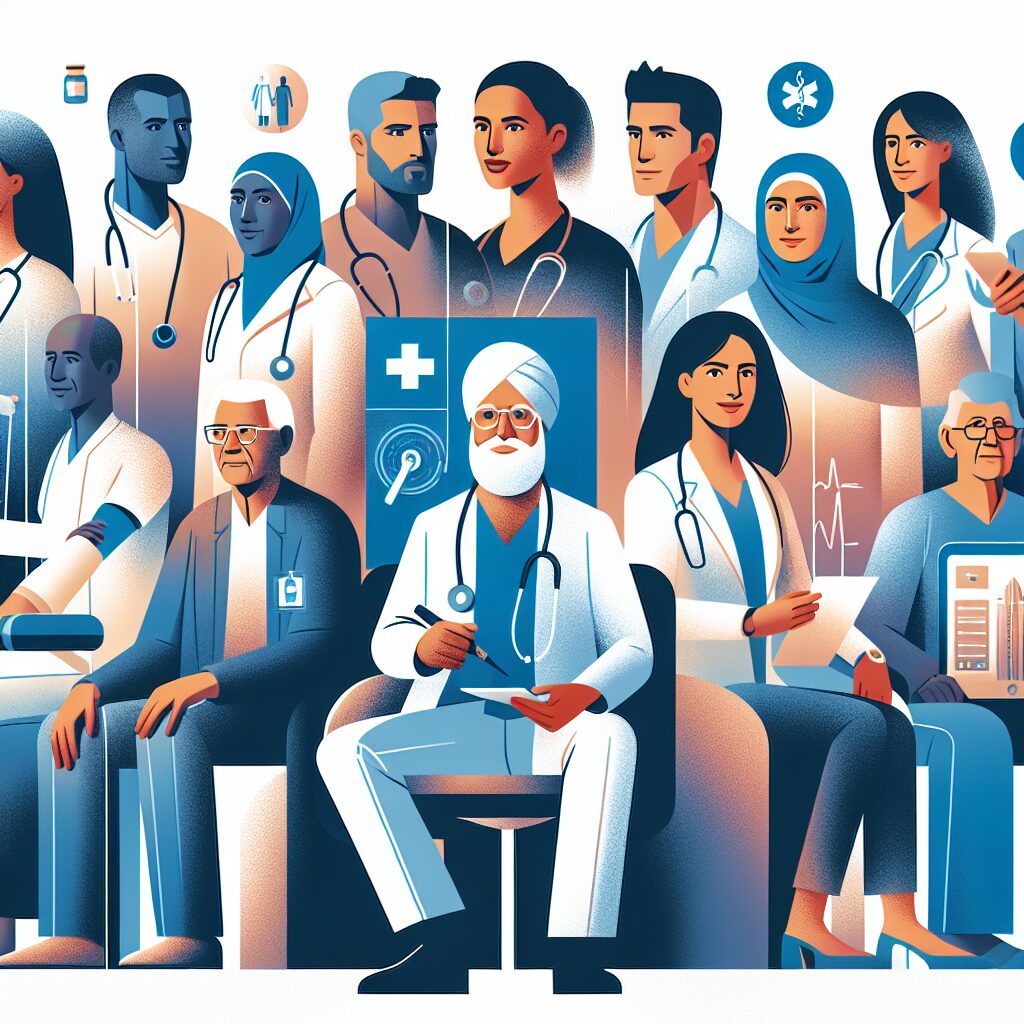 Illustration of a diverse group of people receiving medical care in various settings, such as clinics, hospitals, and home consultation. The image should symbolize the theme of improved healthcare access and services in 2026, showing a progression and modern healthcare equipment, with a futuristic look to highlight the year 2026.