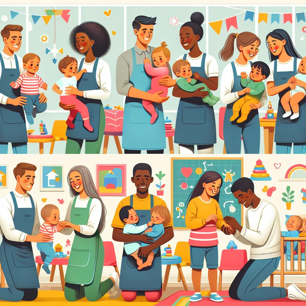 A group of daycare workers lifting and caring for children, showing the physical demands of the job, in a nursery setting with toys and colorful decorations around.