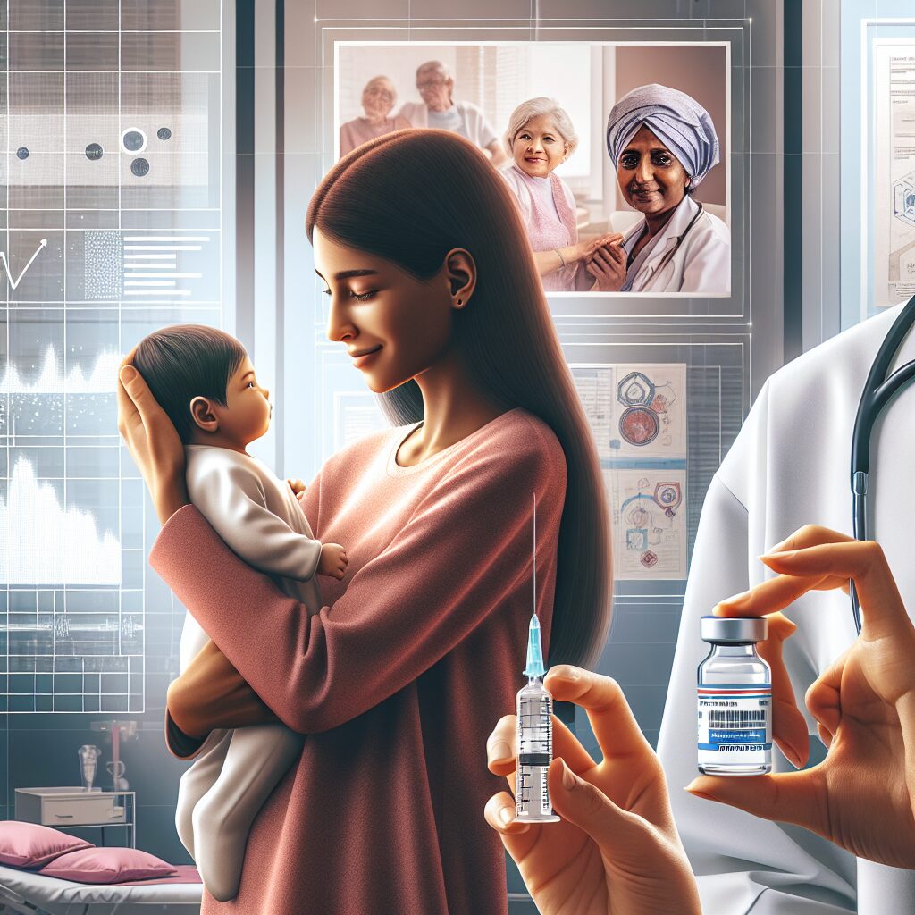 A mother holding her newborn child, with a healthcare professional showing a vaccine vial labelled 'Abrysvo'. The background should show a hospital setting, with medical charts displaying graphs of a safety study for a vaccine. The tone is reassuring and professional, emphasizing maternal and infant healthcare.