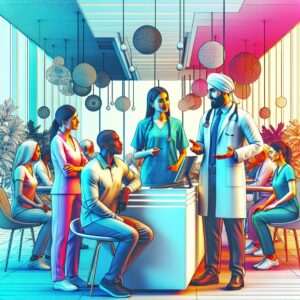 An image depicting a diverse group of healthcare professionals and patients in a modern clinic setting, highlighting the innovative changes in the medical convention of 2026, vibrant colors, professional and compassionate ambiance.