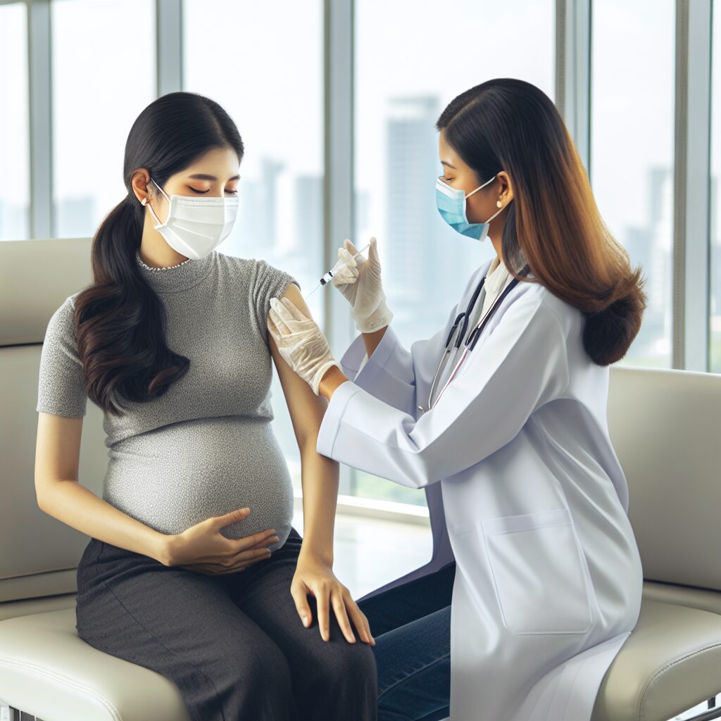 A pregnant woman receiving a vaccine injection with a medical professional in a clinical setting. The scene should convey a sense of safety and trust, illustrating the concept of maternal vaccination. The setting is modern and clean, emphasizing healthcare and protection for both mother and child.