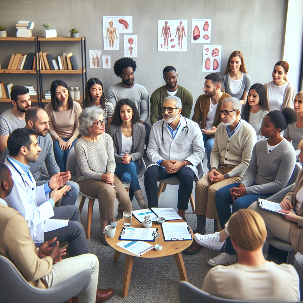 A diverse group of people gathered in a warm setting, discussing diabetes care, featuring educational materials, healthcare professionals, and patients engaged in conversation. The atmosphere is supportive and informative.
