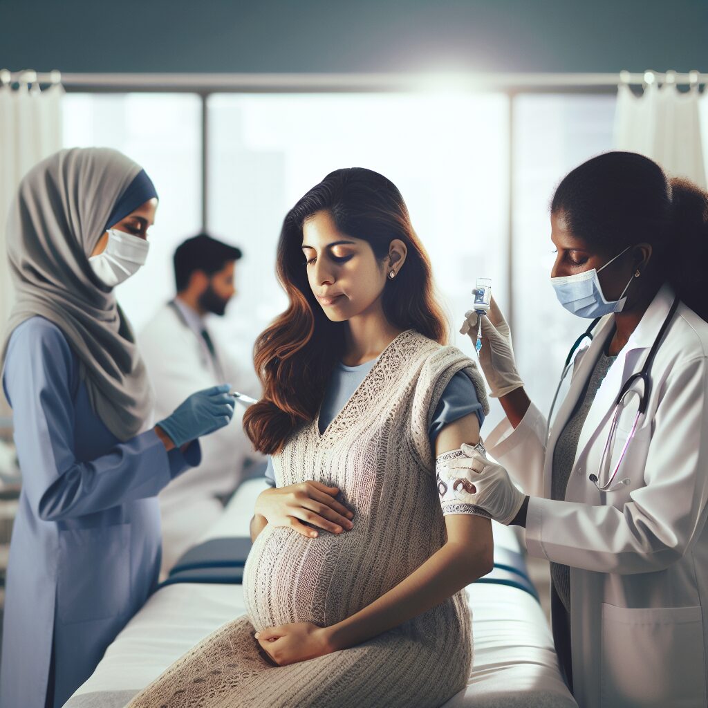A pregnant woman in her eighth month, receiving a vaccine in a hospital setting, surrounded by medical professionals, with an emphasis on protection and safety, highlighting a serene and secure atmosphere focusing on maternal and child health.