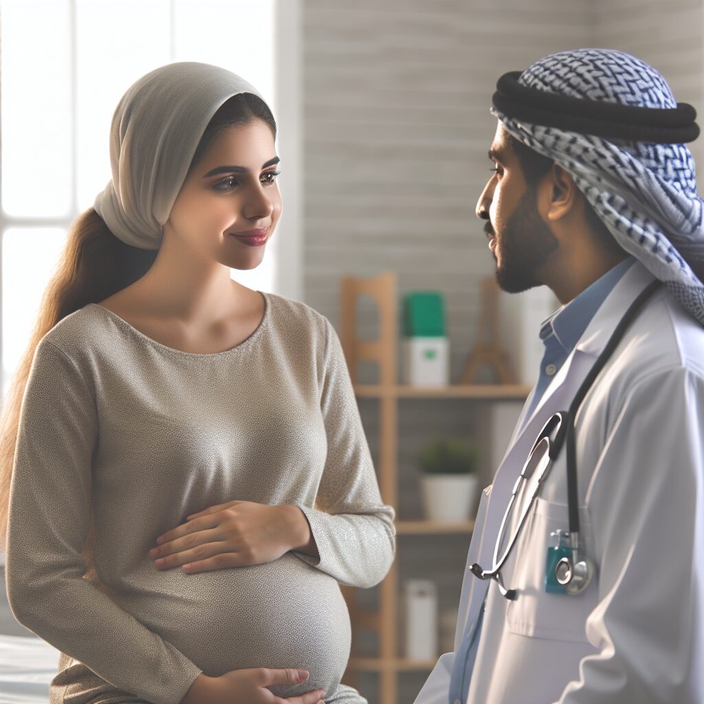 Image d'une mère enceinte sereine discutant avec un pédiatre, un environnement de consultation médicale en fond, avec le thème de la vaccination pour la protection infantile.