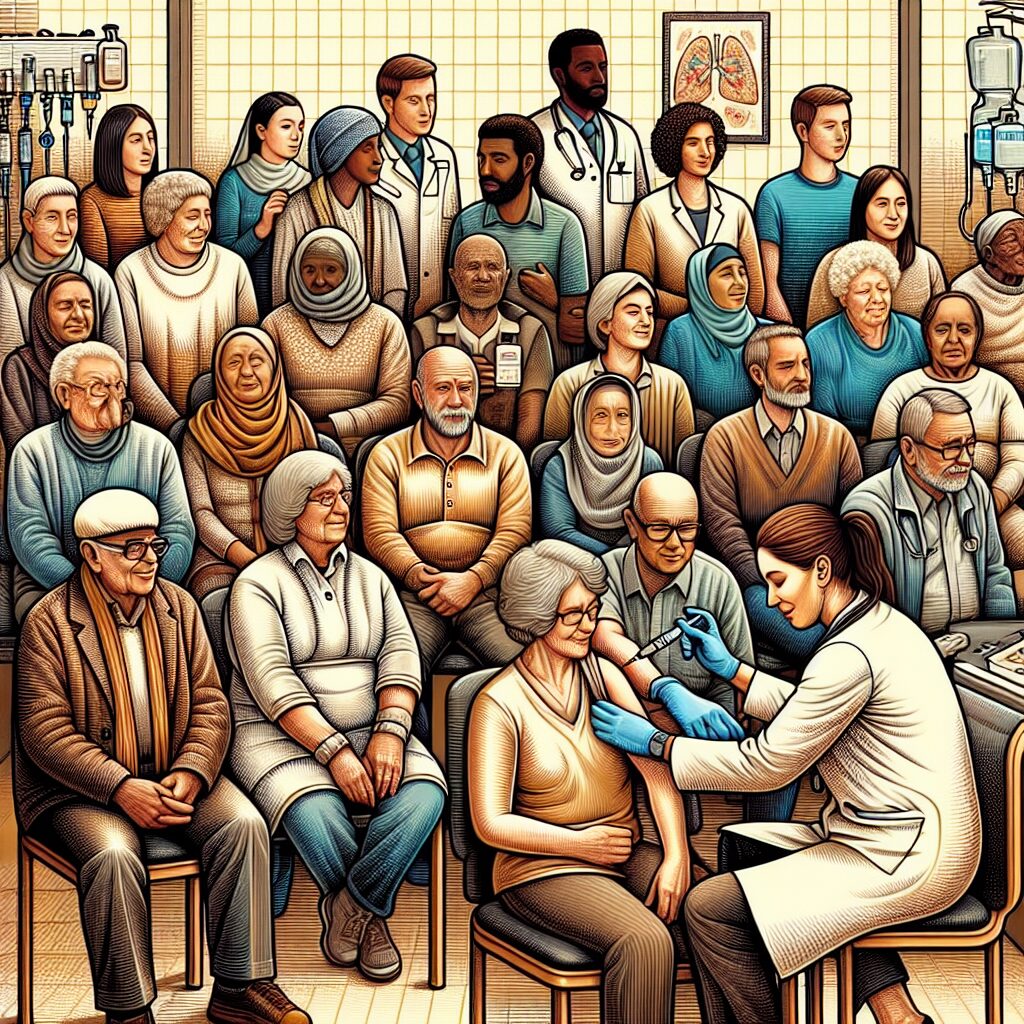 A detailed illustration showing a diverse group of people with chronic illnesses, such as diabetes and asthma, receiving flu vaccinations. The setting is a friendly, clean clinic environment, with a healthcare professional smiling and administering the vaccine. The image should convey a sense of community, safety, and health awareness.