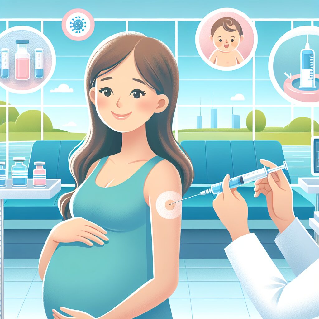 Une illustration représentant une femme enceinte, souriante, recevant une vaccination dans un cadre médical serein, avec des équipements médicaux modernes en arrière-plan et un bébé en bonne santé symbolisé par des motifs apaisants.