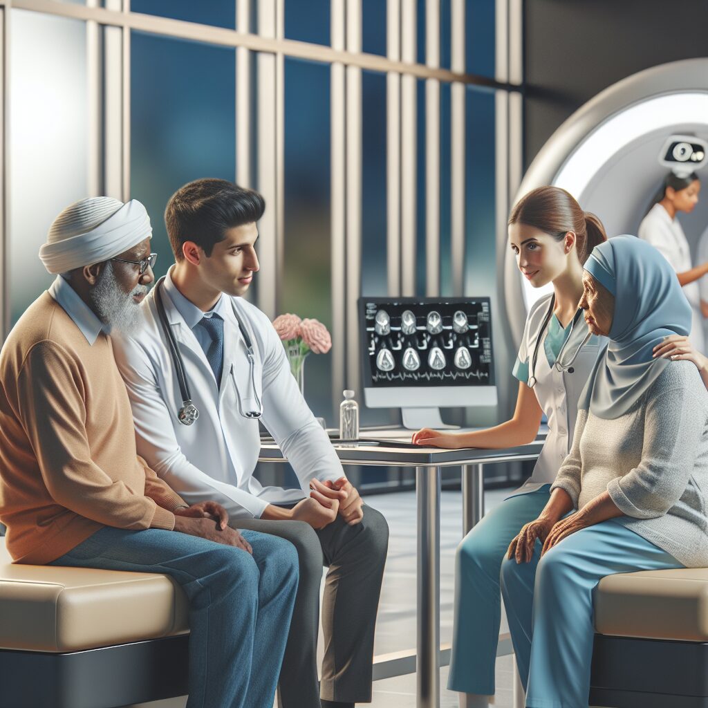 Illustration showing a diverse group of people interacting with healthcare professionals in a modern and accessible medical facility. The scene should convey a sense of inclusivity, modern healthcare infrastructure, and community support. Include elements like medical equipment, a family consultation with a doctor, and elderly patients receiving care.