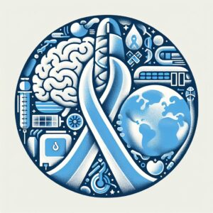 An illustration showing the connection between mental health and diabetes. Include symbols of both a brain and a diabetes awareness ribbon, with a global theme representing World Diabetes Day. Use soothing blue tones and symbolic imagery to convey mental health awareness within the context of diabetes.