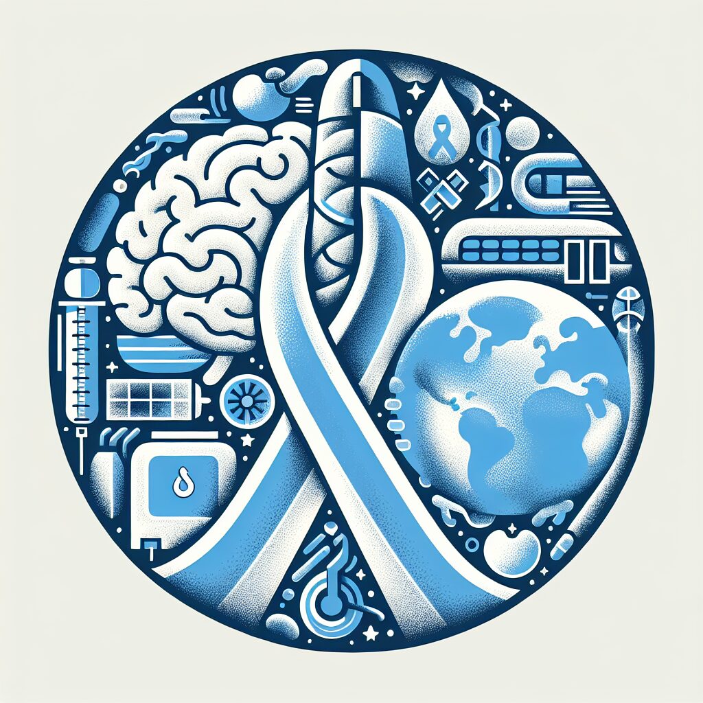 An illustration showing the connection between mental health and diabetes. Include symbols of both a brain and a diabetes awareness ribbon, with a global theme representing World Diabetes Day. Use soothing blue tones and symbolic imagery to convey mental health awareness within the context of diabetes.
