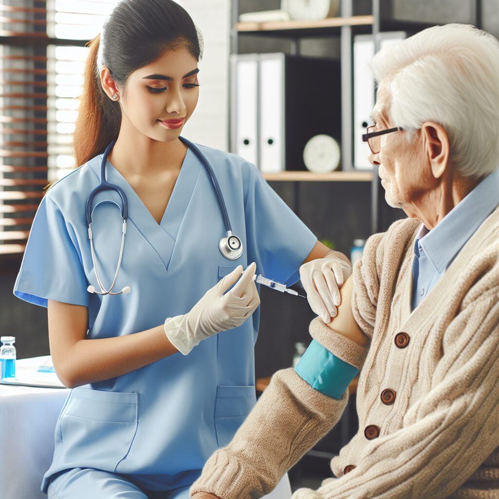 Image of a healthcare professional administering a flu vaccine to an elderly person in a clinical setting, emphasizing protection and care.