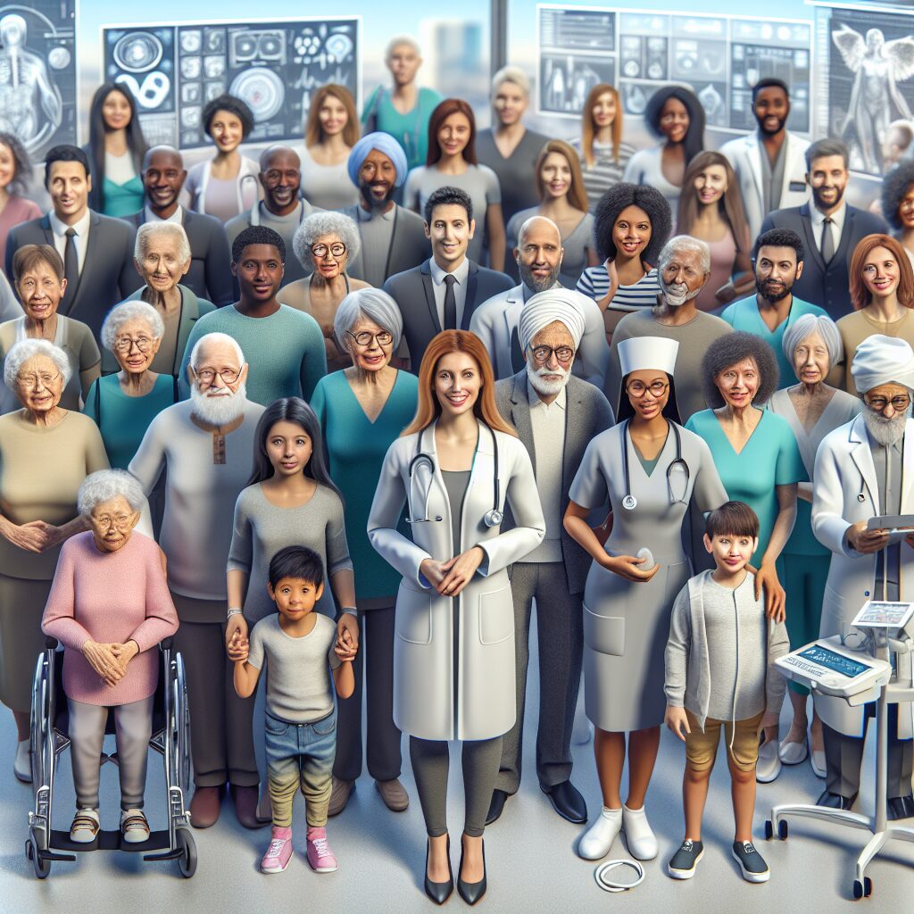 An illustrative image showing a diverse group of people, including children, elderly and medical professionals, interacting in a modern healthcare setting. The image highlights a friendly atmosphere with healthcare symbols like stethoscopes, medical charts and digital devices, symbolizing the future of healthcare reforms in 2026.