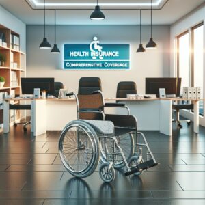Illustration d’un fauteuil roulant moderne devant un bureau d'assurance maladie, symbolisant la nouvelle politique de prise en charge intégrale en France, avec une ambiance professionnelle et accueillante.