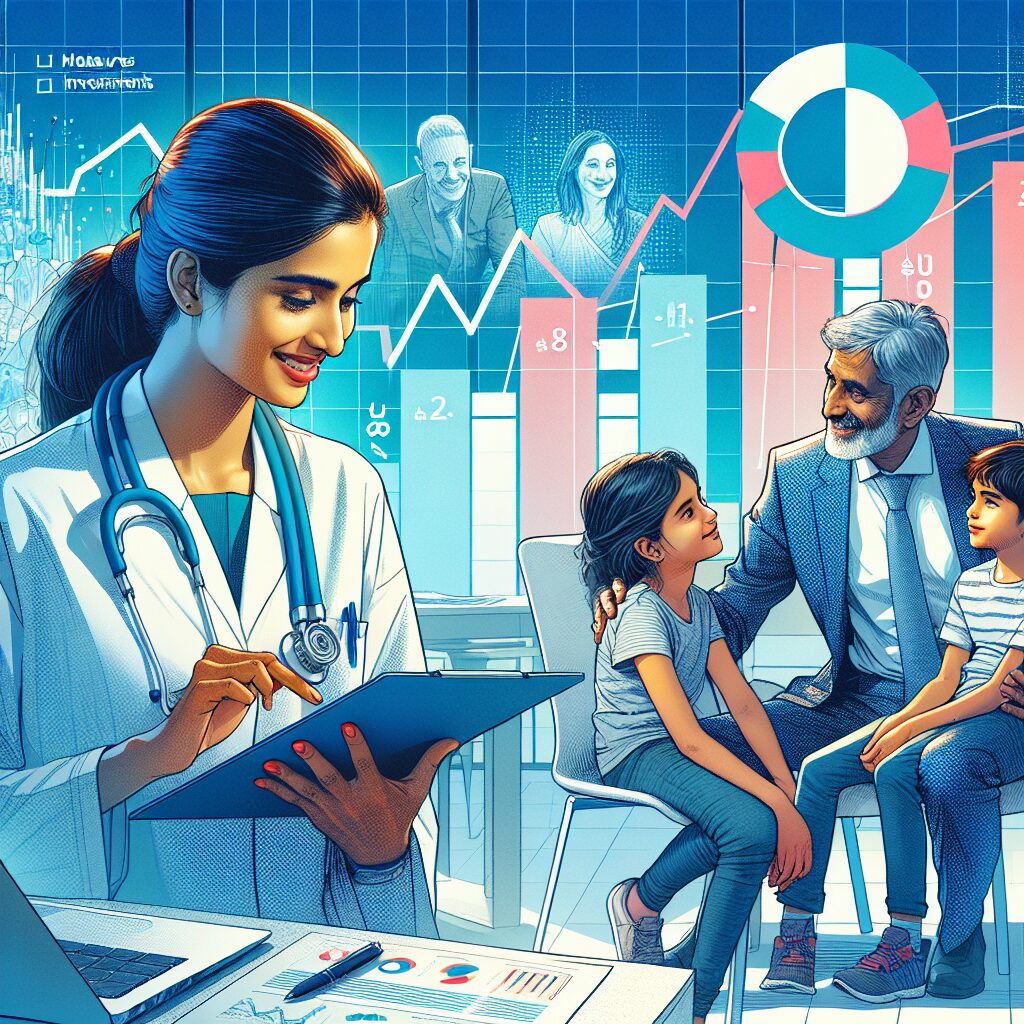 Une illustration montrant un médecin discutant avec une famille dans un cabinet médical moderne, symbolisant l'accès élargi aux soins et un suivi médical renforcé en France en 2026, avec des graphiques de données financières à l'arrière-plan pour représenter les nouvelles mesures et investissements.