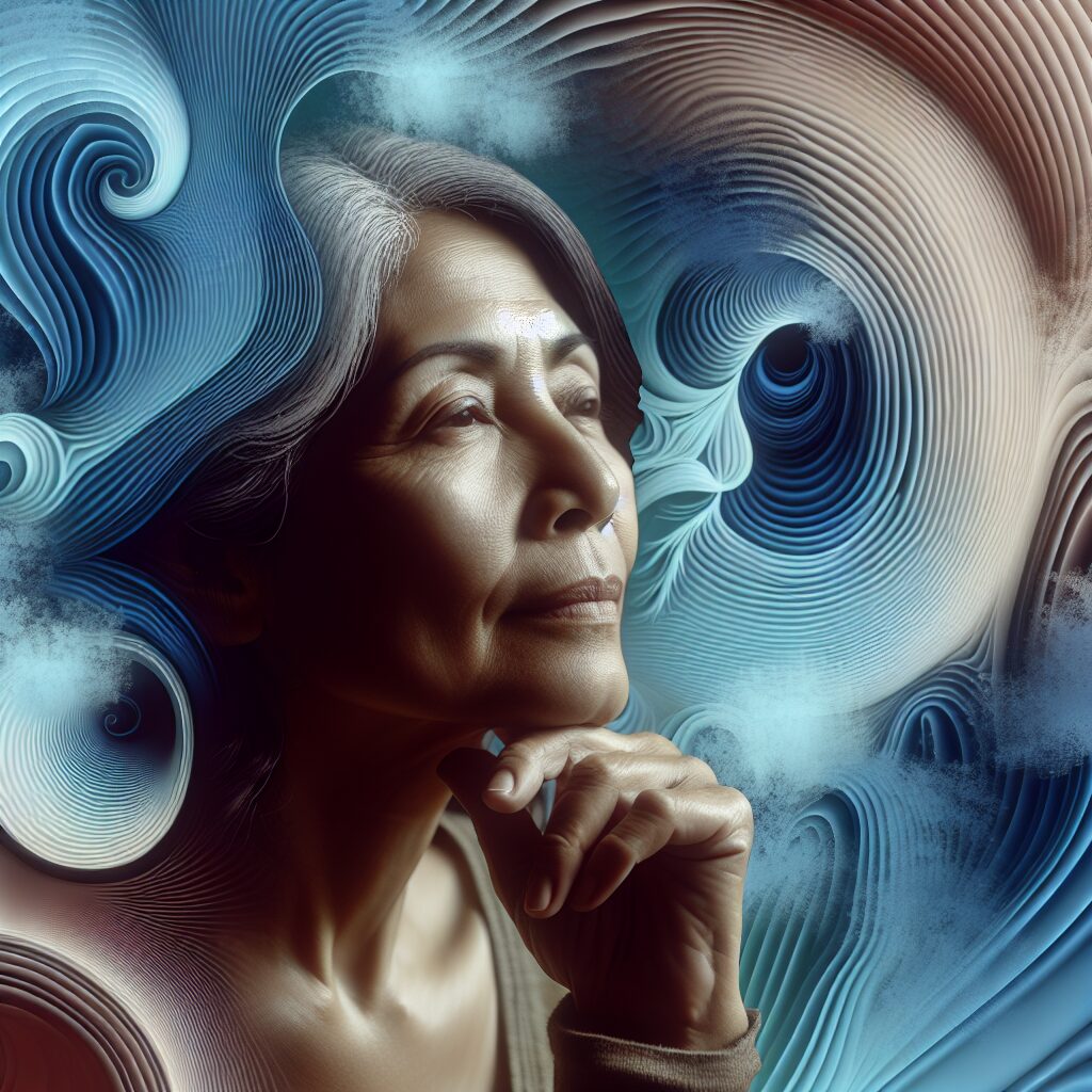 A thoughtful middle-aged woman contemplating with a serene expression, surrounded by gentle, abstract representations of waves or vibrations, symbolizing relief and wellness.