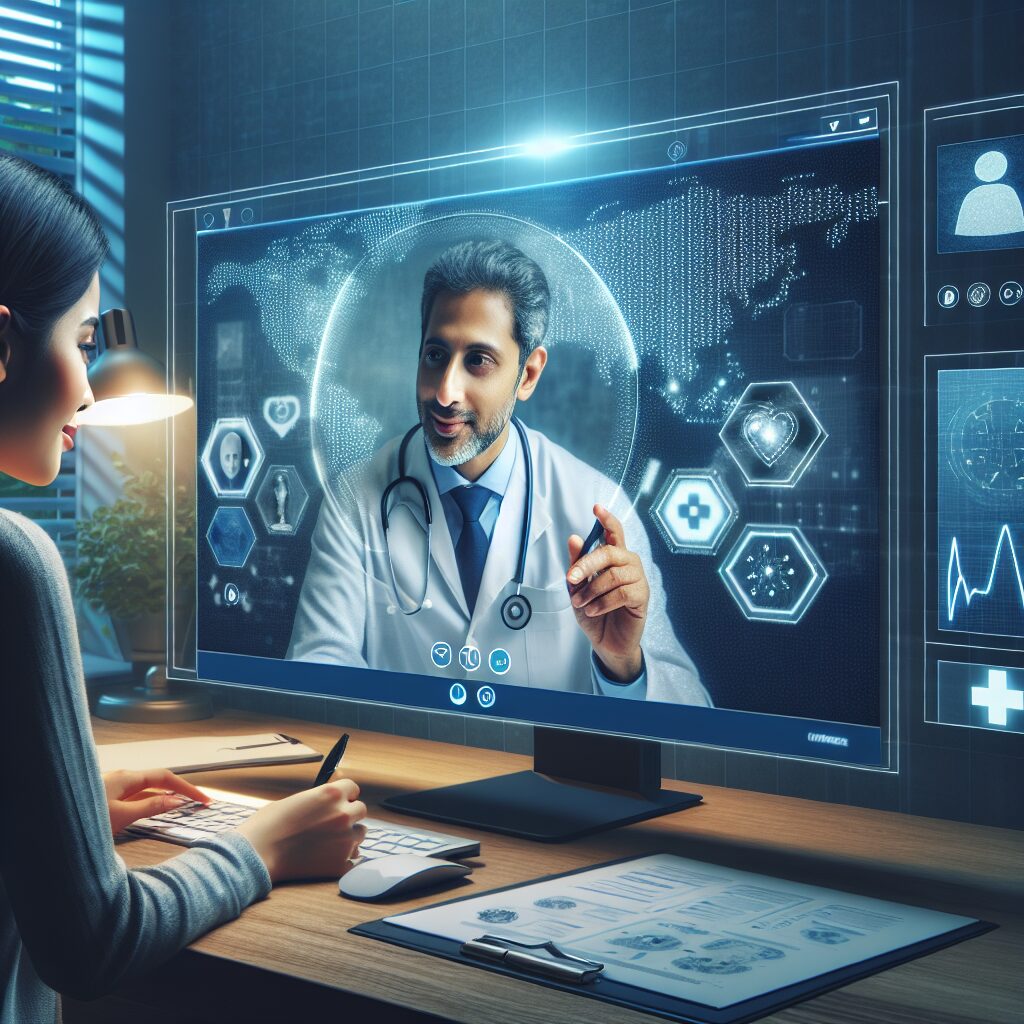 A modern virtual consultation setting showing a patient having a video call with a doctor, digital interface elements, soft lighting, professional and technological atmosphere.