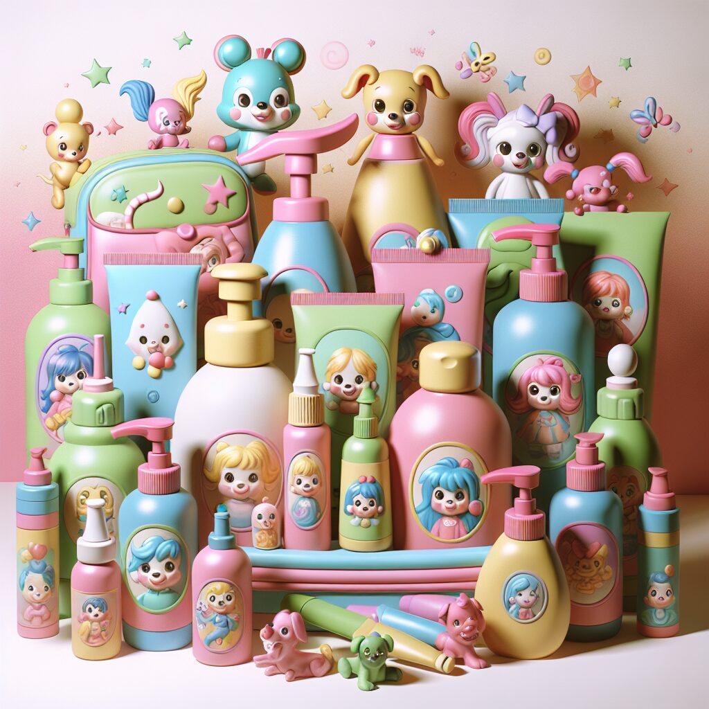Une illustration de plusieurs produits cosmétiques colorés pour enfants, comprenant des bouteilles et tubes avec des personnages de dessins animés, sur un fond pastel, avec une atmosphère enfantine joyeuse mais cartoon effrayante, pour montrer subtilement les dangers possibles.