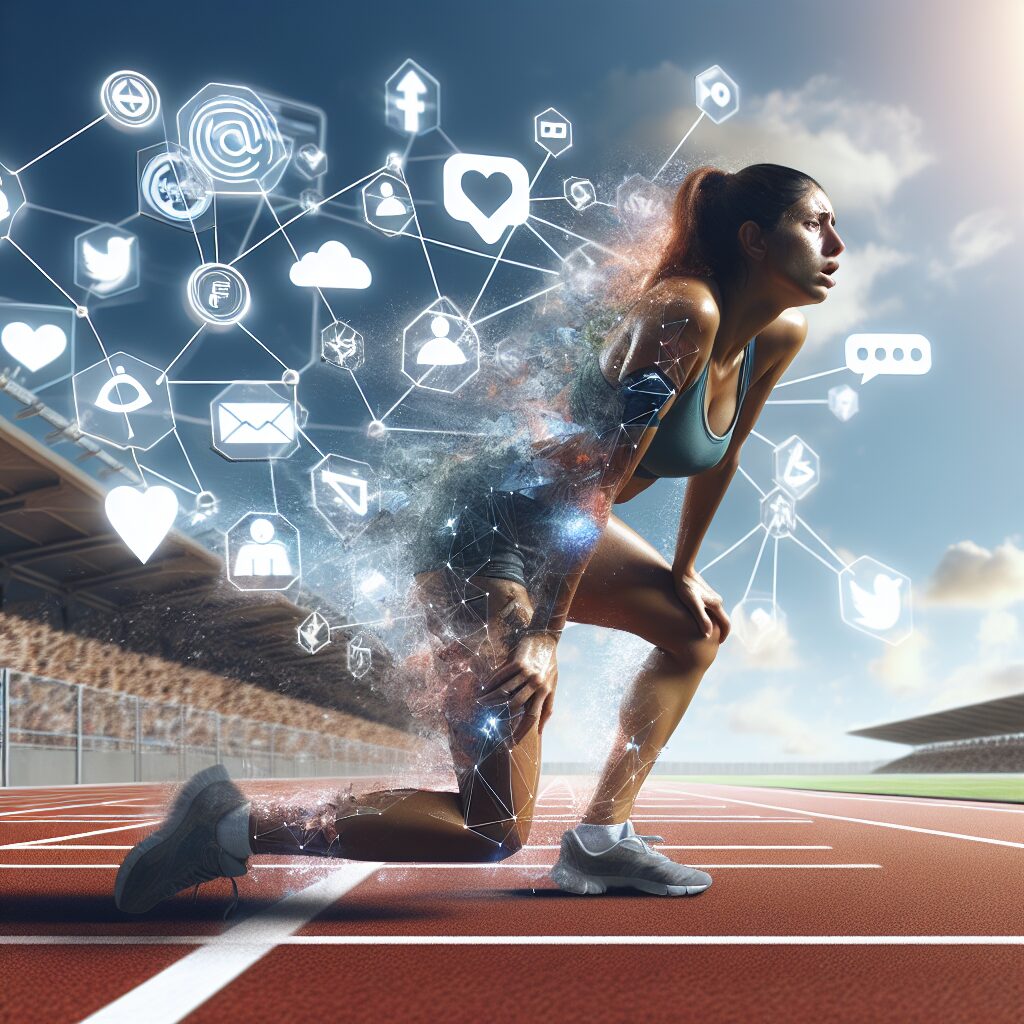 An athlete exhausted on a running track, surrounded by motivational quotes and social media icons, symbolizing the pressure from social media and marketing in sports challenges.
