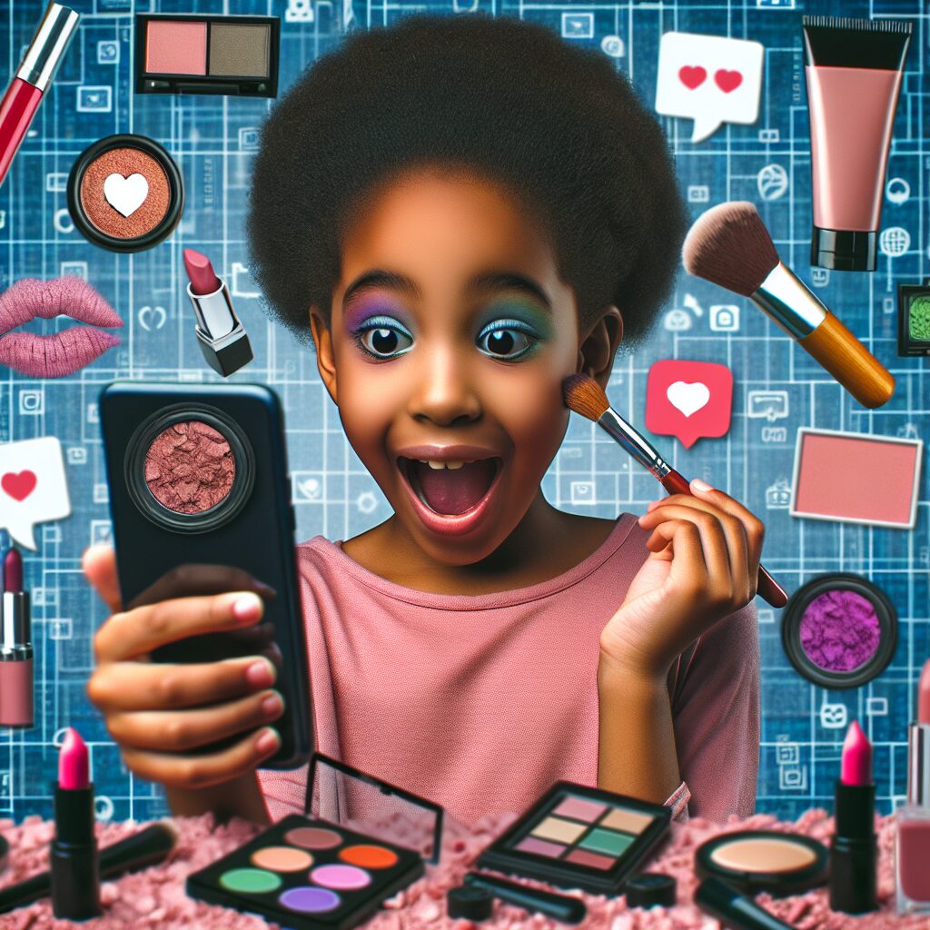 A young girl mimicking adult beauty routines in front of a smartphone camera, surrounded by cosmetics, with a background of social media icons.