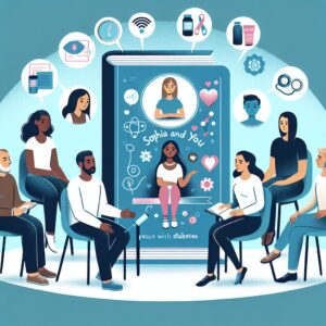 Une illustration montrant un groupe de personnes discutant autour d'un livre avec le titre 'Sophia et Vous', symbolisant le soutien communautaire pour les diabétiques, avec des éléments graphiques représentant la santé mentale et les soins médicaux modernes.