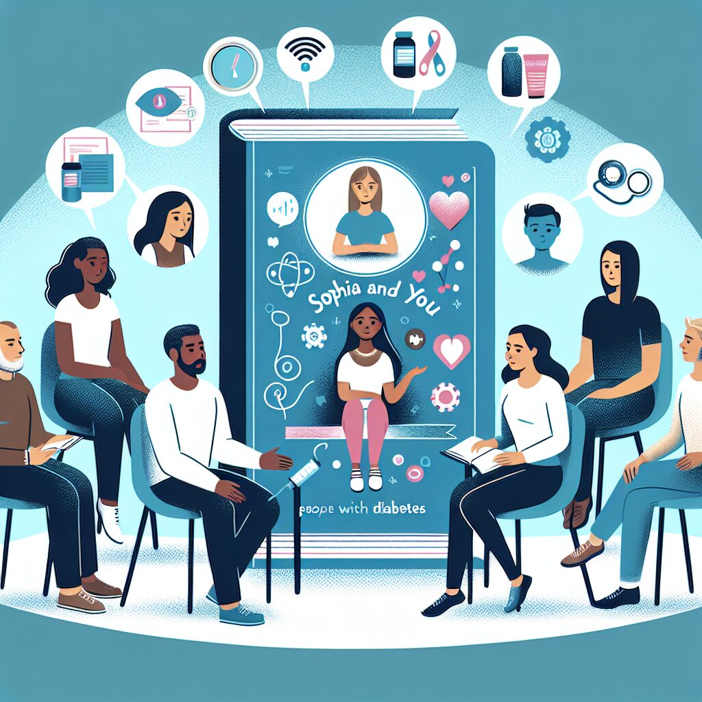 Une illustration montrant un groupe de personnes discutant autour d'un livre avec le titre 'Sophia et Vous', symbolisant le soutien communautaire pour les diabétiques, avec des éléments graphiques représentant la santé mentale et les soins médicaux modernes.