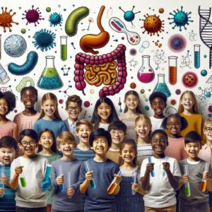 A diverse group of children, aged 3 to 17, holding science kits and smiling, surrounded by scientific illustrations of the human gut microbiome, bacteria, and DNA strands, in a colorful and educational setting.
