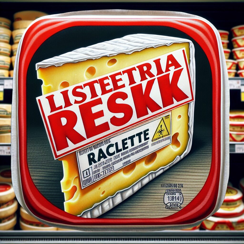 A grocery store display with a highlighted warning label in front of packaged raclette cheese. The cheese is labeled with 'Listeria Risk' and a red alert sign to emphasize the product recall due to health concerns.