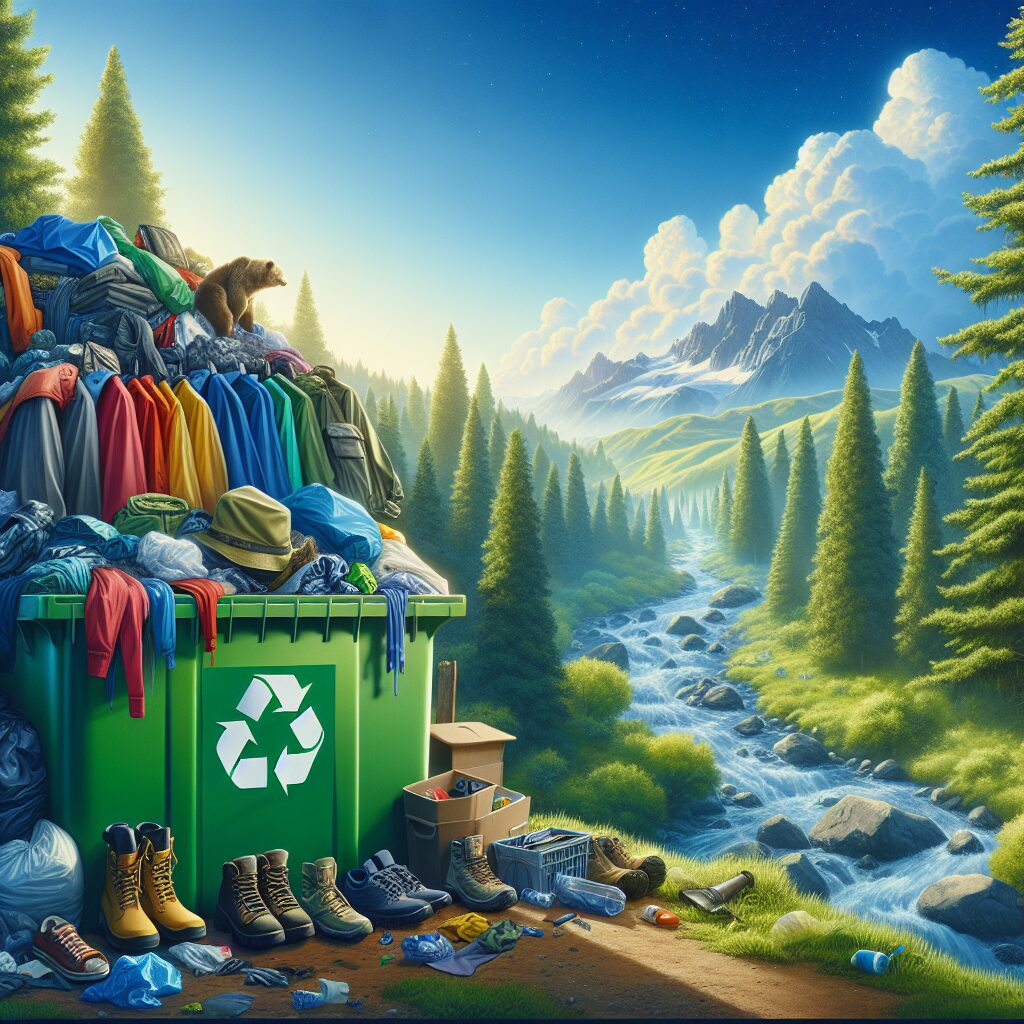A depiction of clothing such as raincoats and hiking boots placed inside a recycling bin, symbolizing the ban of 'forever chemicals' like PFAS. The scene is vibrant, focusing on environmental cleanliness with a backdrop of lush greenery and a clear blue sky.